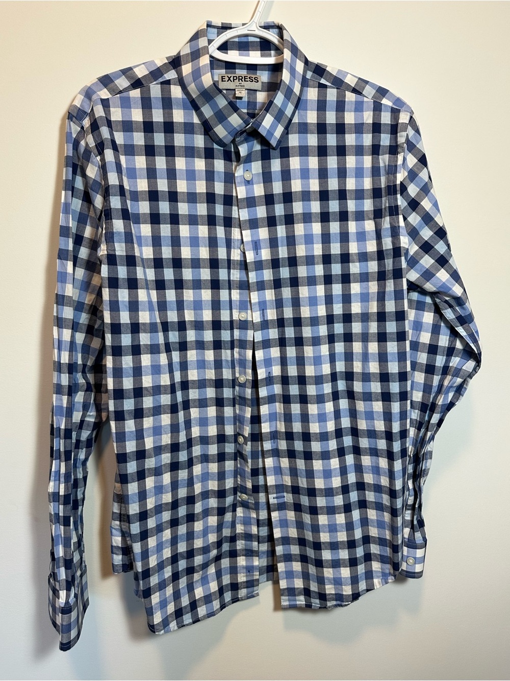 Express Men’s Blue and White Checked Button-Down Shirt